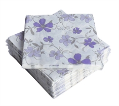 Papirservietter - Hvide med lilla blomster - Kasse med 1200 servietter - 33x33 cm.