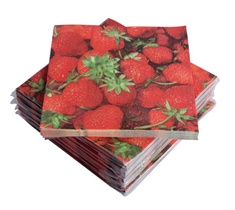 Papirservietter - Med jordbær - Kasse med 1200 servietter - 33x33 cm.