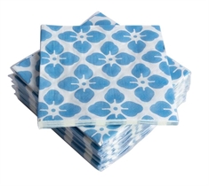 Papirservietter - Hvide med blå blomster - Kasse med 1200 servietter - 33x33 cm.