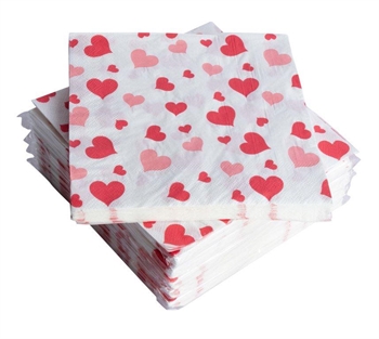 Papirservietter - Hvide med røde hjerter - Kasse med 1200 servietter - 33x33 cm.