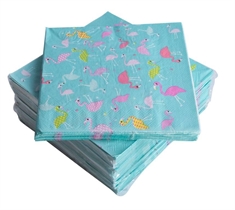Papirservietter - Blå med flamingoer - Kasse med 1200 servietter - 33x33 cm.