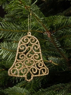 Juletræspynt - Juleklokker med guld glimmer måler 10x9 cm.